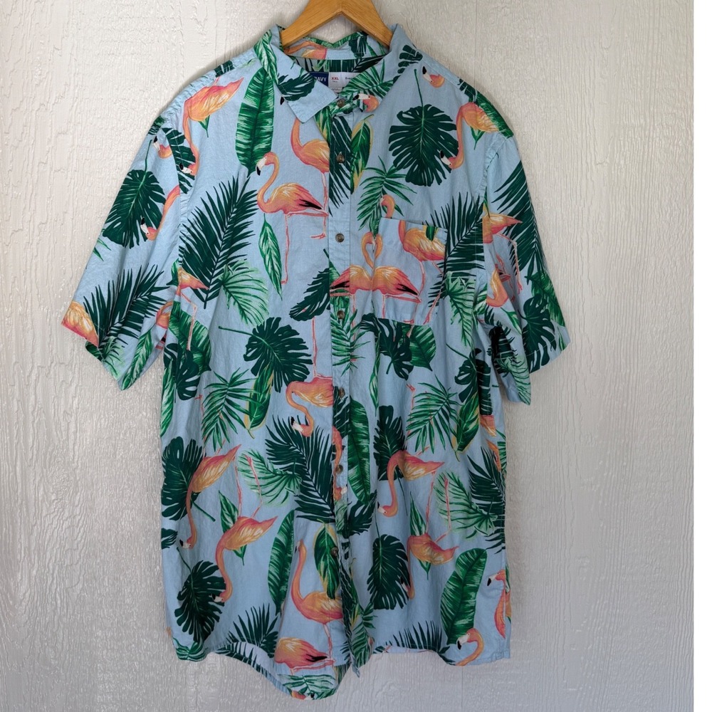 Old Navy Mens XXL Tall Flamingo Palm Tropical Everyday Shirt Blue Short Sleeve